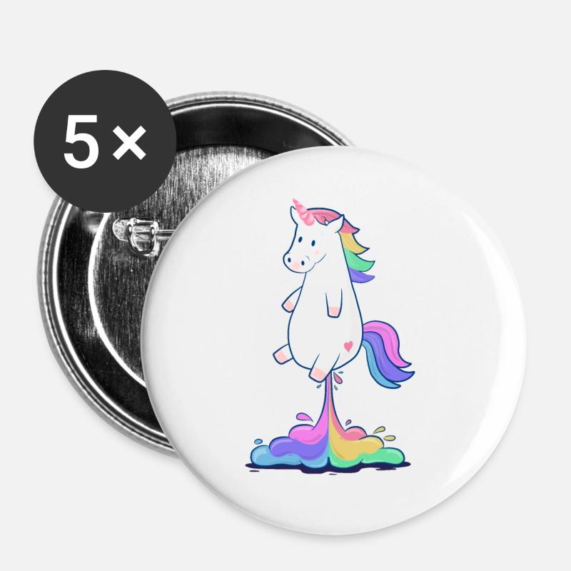 Pupsendes Regenbogen Einhorn - Buttons groß 56 mm (5er Pack) - Weiß