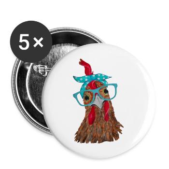 Huhn mit Bandana Stirnband und Brille niedlich - Buttons groß 56 mm (5er Pack) - Weiß - Vorne