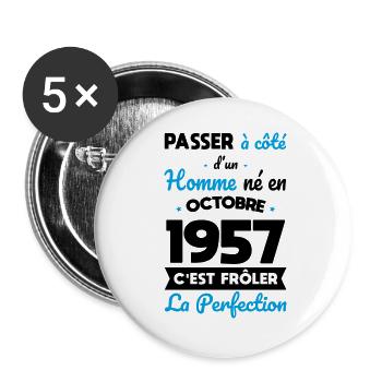 Anniversaire 65 ans - Né en Octobre 1957 - Lot de 5 grands badges (56 mm) - blanc - Devant