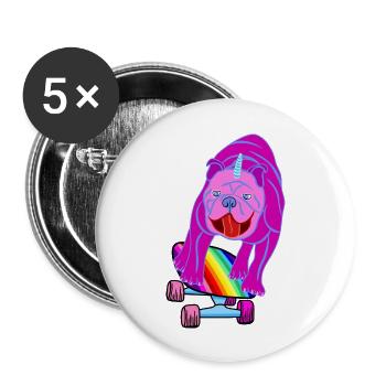 Skateboard Chien Carlin Bulldog Licorne Arc-en-ciel - Lot de 5 grands badges (56 mm) - blanc - Devant
