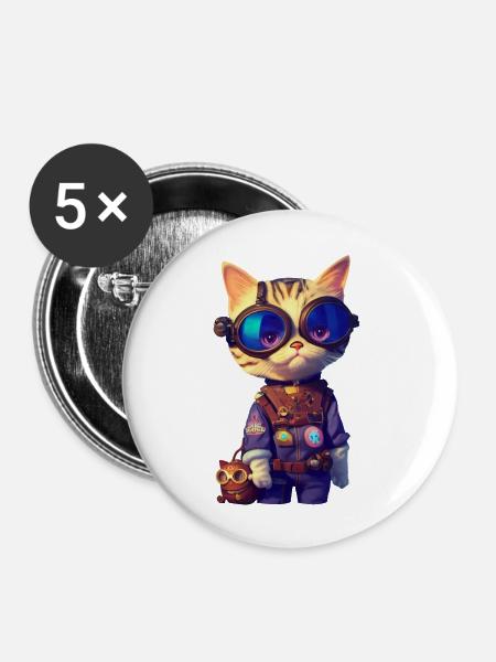 Aviator Katze - Buttons groß 56 mm (5er Pack) - Weiß