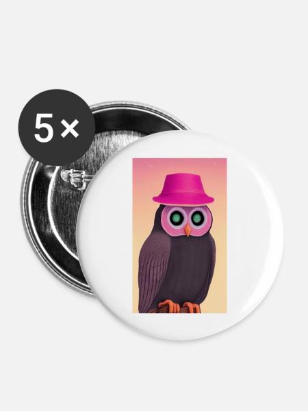 Eule mit Hut - Buttons groß 56 mm (5er Pack) - Weiß