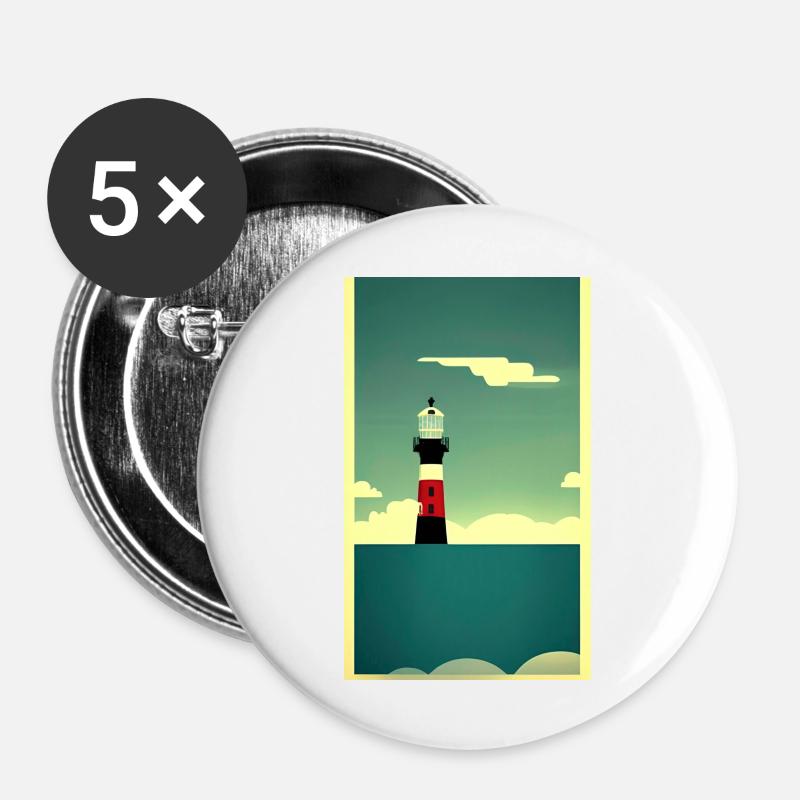 Landschaft Strand Küste Leuchtturm Comic Cartoon - Buttons groß 56 mm (5er Pack) - Weiß