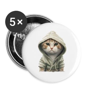 Katze mit Hoodie - Buttons groß 56 mm (5er Pack) - Weiß - Vorne