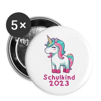 Schulkind 2023 Unicorn - Buttons groß 56 mm (5er Pack) - Weiß - Vorne