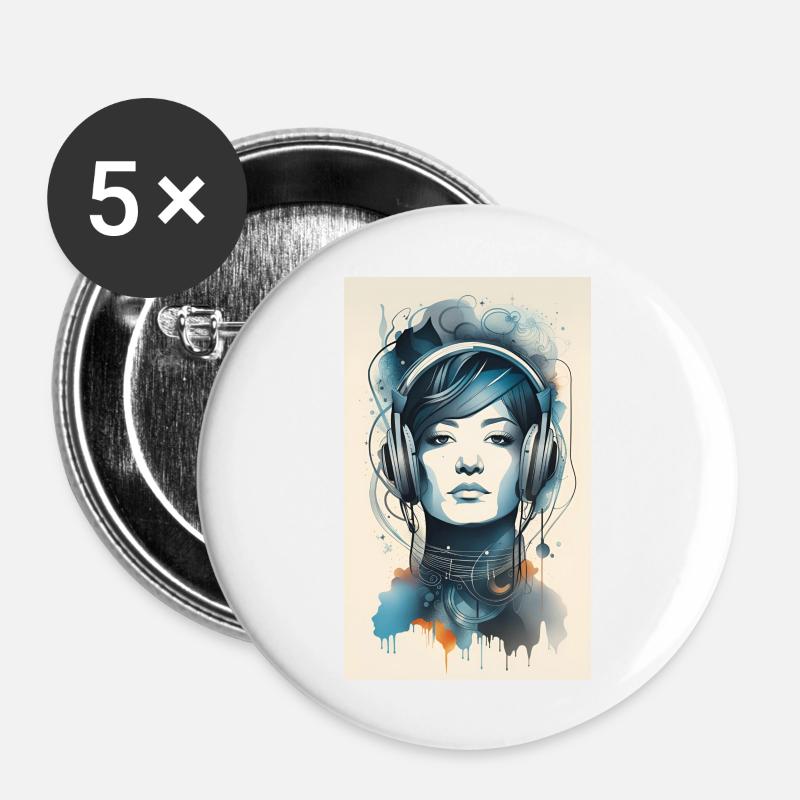Lady Headphone Music Poster - Buttons large 2.2''/56 mm (5-pack) - white