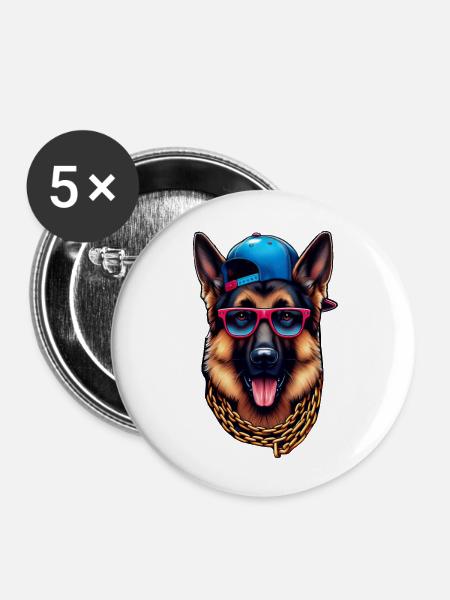 Deutscher Schäferhund Der Rapper - Buttons groß 56 mm (5er Pack) - Weiß