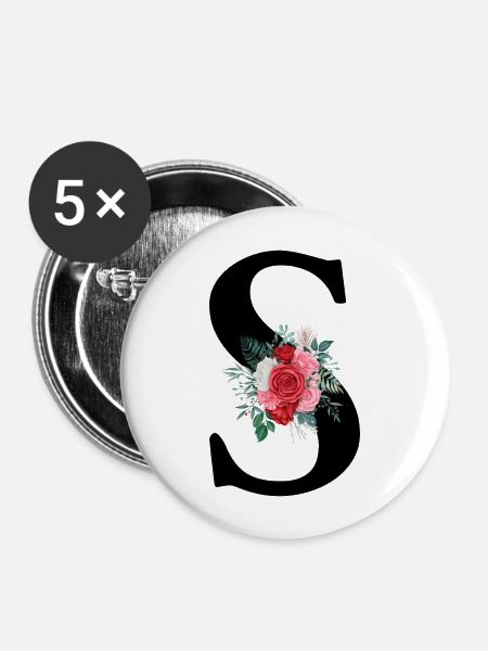 Roter Blumenbuchstabe S - Buttons groß 56 mm (5er Pack) - Weiß