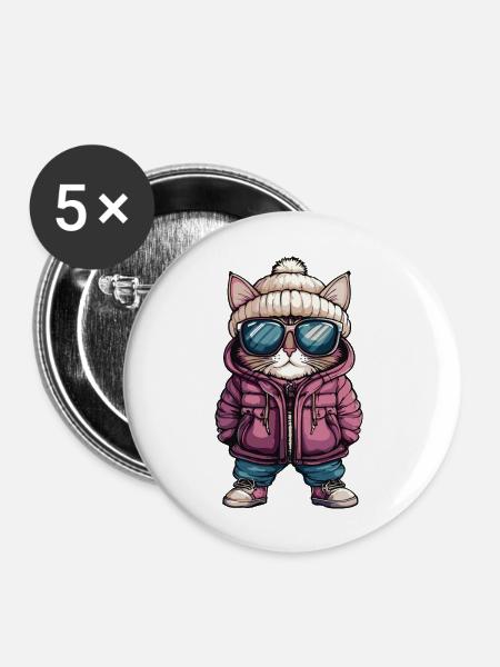 Katze Winter - Buttons groß 56 mm (5er Pack) - Weiß