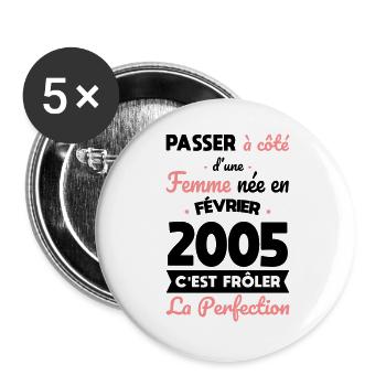 20th Birthday - Born in February 2005 - Buttons large 2.2''/56 mm (5-pack) - white - Front