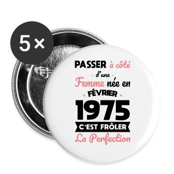 50th Birthday - Born in February 1975 - Buttons large 2.2''/56 mm (5-pack) - white - Front