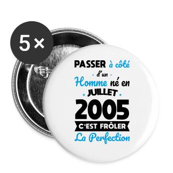 Anniversaire 20 ans - Né en Juillet 2005 - Lot de 5 grands badges (56 mm) - blanc - Devant