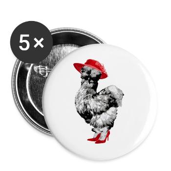 Drôle de poulet avec chapeau et chaussures, poulet soyeux - Lot de 5 grands badges (56 mm) - blanc - Devant