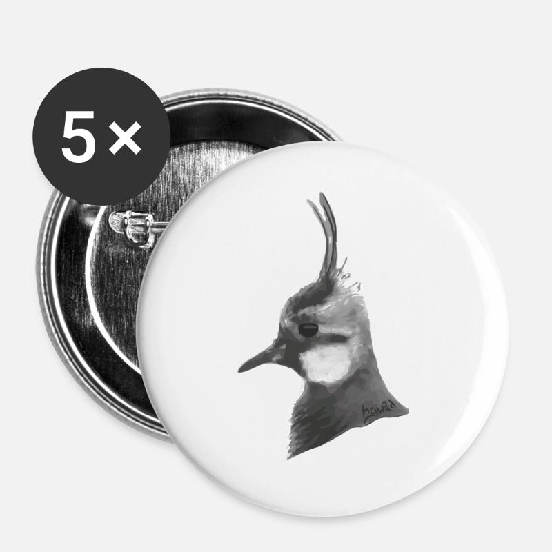 Lapwing Portrait - Gray Bird's Head with Feather Crown - Buttons large 2.2''/56 mm (5-pack) - white