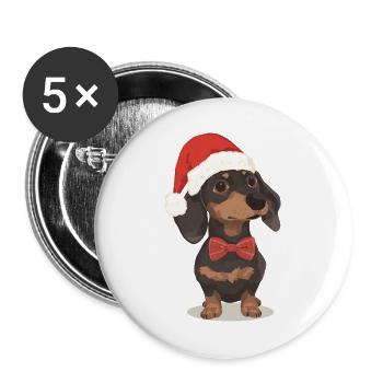 Weihnachts Dackel mit Mütze und Fliege - Buttons groß 56 mm (5er Pack) - Weiß - Vorne