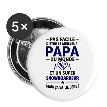 Herz + Snowboard – Super Snowboarder Papa - Buttons groß 56 mm (5er Pack) - Weiß - Vorne