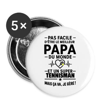 Herz + Tennis – Super Papa Tennisspieler - Buttons groß 56 mm (5er Pack) - Weiß - Vorne