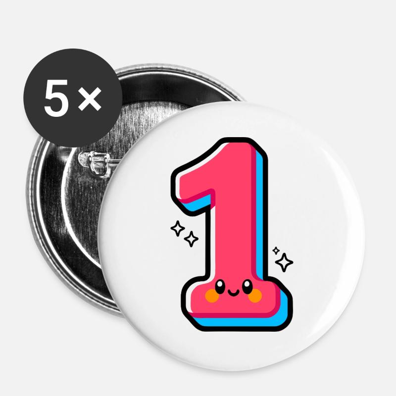 Number 1 Happy Pink Illustrated - Buttons large 2.2''/56 mm (5-pack) - white
