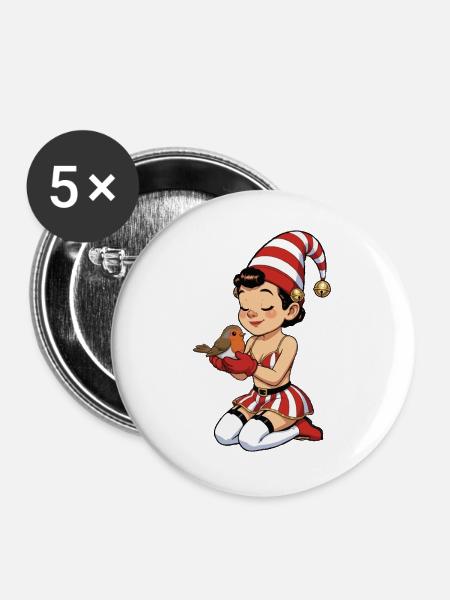 Gnom-Mädchen mit Rotkehlchen - Buttons groß 56 mm (5er Pack) - Weiß