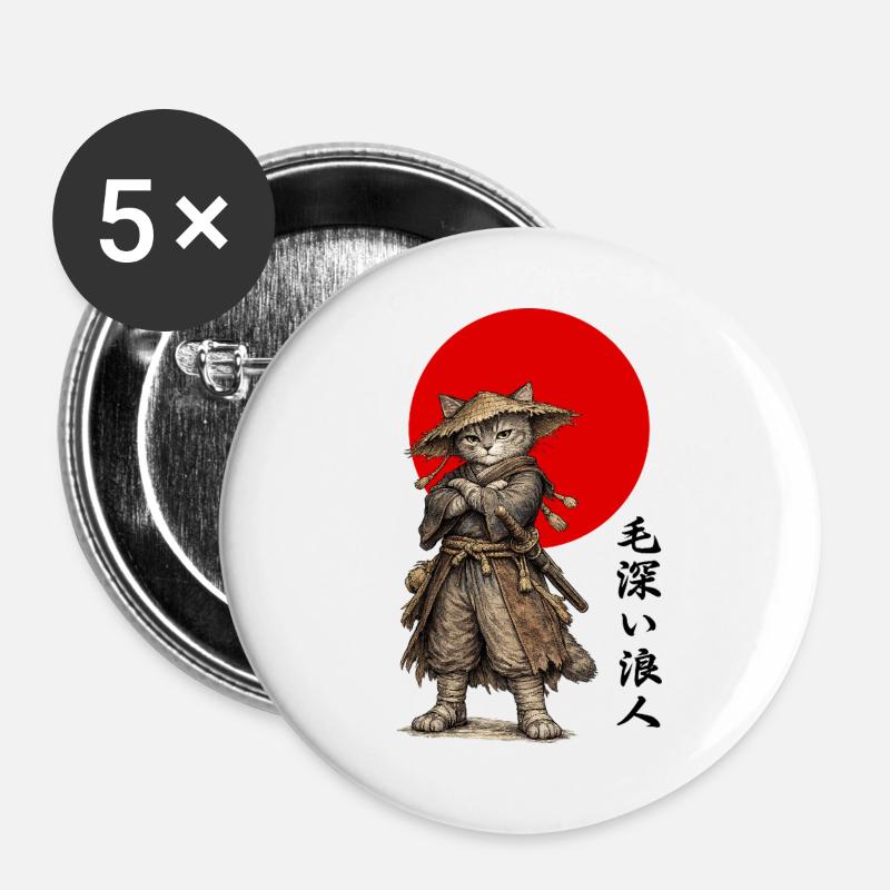 Katzen-Ronin-Samurai unter roter Sonne - Buttons groß 56 mm (5er Pack) - Weiß