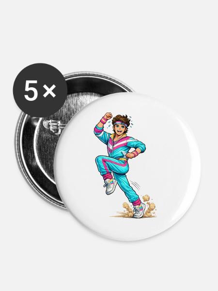 Energischer Retro-Aerobic-Mann - Buttons groß 56 mm (5er Pack) - Weiß