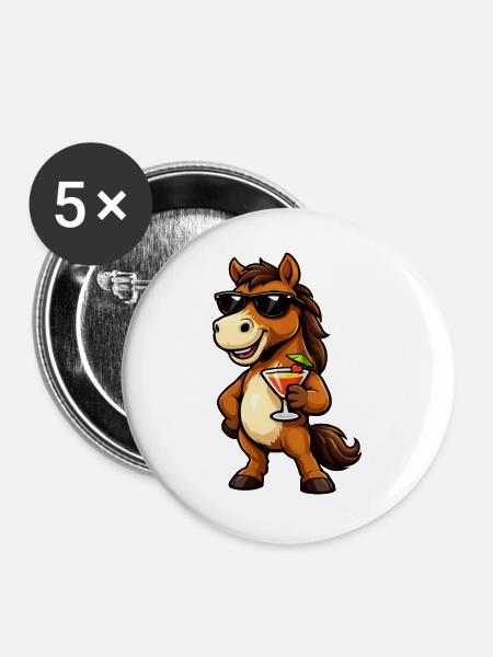Sommerspaß Pferd mit Cocktail - Buttons groß 56 mm (5er Pack) - Weiß