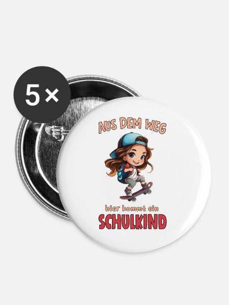 Schulkind Skateboard Cartoon Mädchen - Buttons groß 56 mm (5er Pack) - Weiß