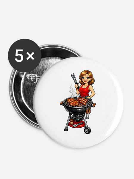 Frau am Grill - Buttons groß 56 mm (5er Pack) - Weiß