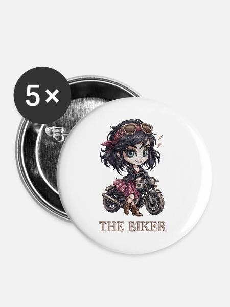 Chibi Bikerin auf Motorrad - Buttons groß 56 mm (5er Pack) - Weiß