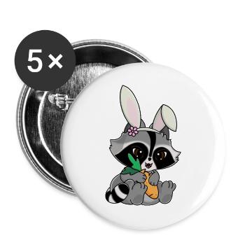 Snuggles der Waschbär im Hasenkostüm mit Möhre - Buttons groß 56 mm (5er Pack) - Weiß - Vorne