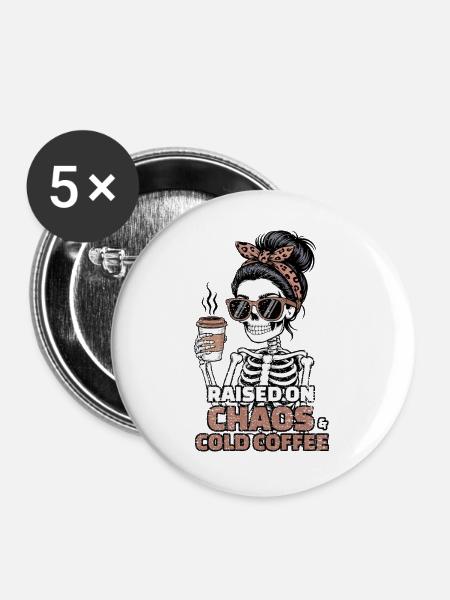 Chaos und Kaffee: Skelett-Stil - Buttons groß 56 mm (5er Pack) - Weiß