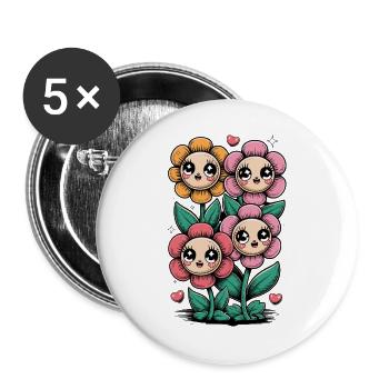  Kawaii Blumen Gesichter Süße Cartoon Blüten Mit - Buttons groß 56 mm (5er Pack) - Weiß - Vorne