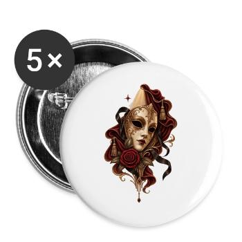 Vintage Theatermaske mit roter Rose - Buttons groß 56 mm (5er Pack) - Weiß - Vorne