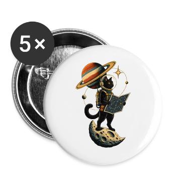Schwarze Katze Astronaut Weltraum Mond Sterne - Buttons groß 56 mm (5er Pack) - Weiß - Vorne