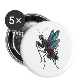 Rosenflügel-Mantis im Blumenstil - Buttons groß 56 mm (5er Pack) - Weiß - Vorne
