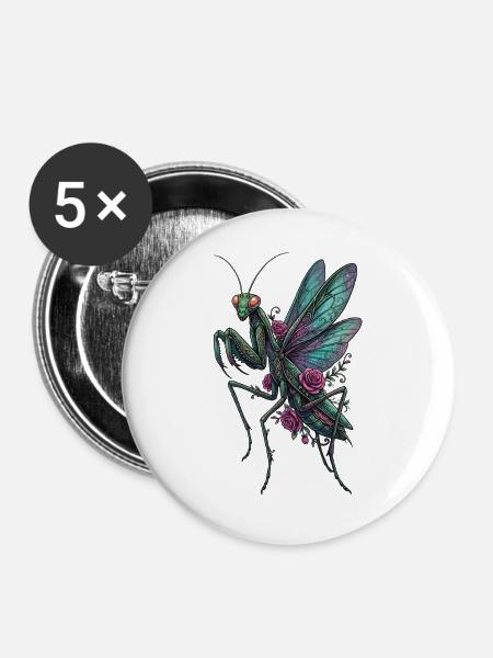 Rosenflügel-Mantis im Blumenstil - Buttons groß 56 mm (5er Pack) - Weiß