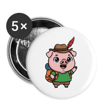 Schwein Wandern Berge Cartoon Motiv für - Buttons groß 56 mm (5er Pack) - Weiß - Vorne