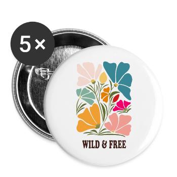 Wild & Free – Buntes Blumenmotiv im Retro-Look - Buttons groß 56 mm (5er Pack) - Weiß - Vorne