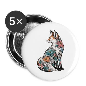 Mondfuchs mit Blumen-Tattoo - Buttons groß 56 mm (5er Pack) - Weiß - Vorne