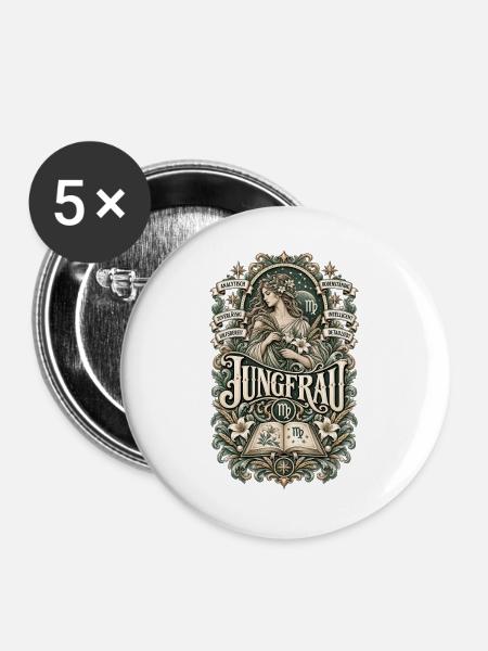 Jungfrau – Stilvoll, klug & bodenständig - Buttons groß 56 mm (5er Pack) - Weiß