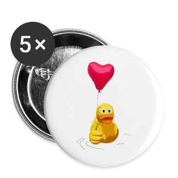 Herzballon und Daumenhoch Ente - Buttons groß 56 mm (5er Pack) - Weiß - Vorne