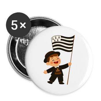 Glücklicher bretonischer Junge mit der Flagge der Bretagne - Buttons groß 56 mm (5er Pack) - Weiß - Vorne