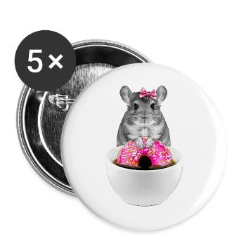 Lustiger Hamster mit rosa Donuts und Schleife - Buttons groß 56 mm (5er Pack) - Weiß - Vorne