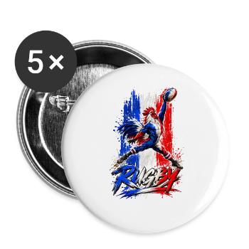 Heller dreikoloriger Rugby-Hahn - Buttons groß 56 mm (5er Pack) - Weiß - Vorne
