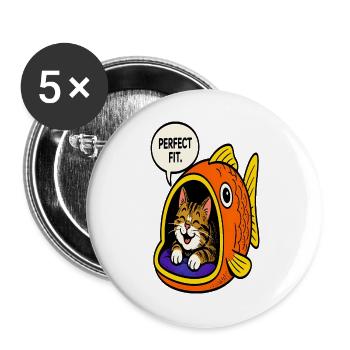 Katze im Maul eines Fisches – Einzigartiges Design - Buttons groß 56 mm (5er Pack) - Weiß - Vorne