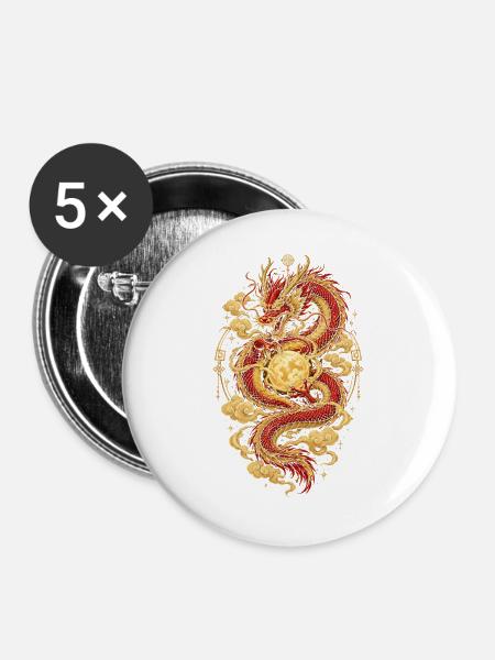 Chinesischer Drache – Sternzeichen Tierhoroskop - Buttons groß 56 mm (5er Pack) - Weiß