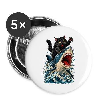 Angry Black Cat Riding a Great White Shark - Buttons groß 56 mm (5er Pack) - Weiß - Vorne
