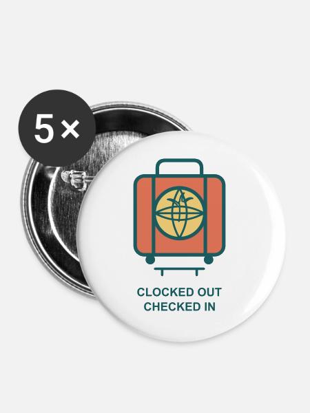Clocked Out Checked In Koffer - Buttons groß 56 mm (5er Pack) - Weiß