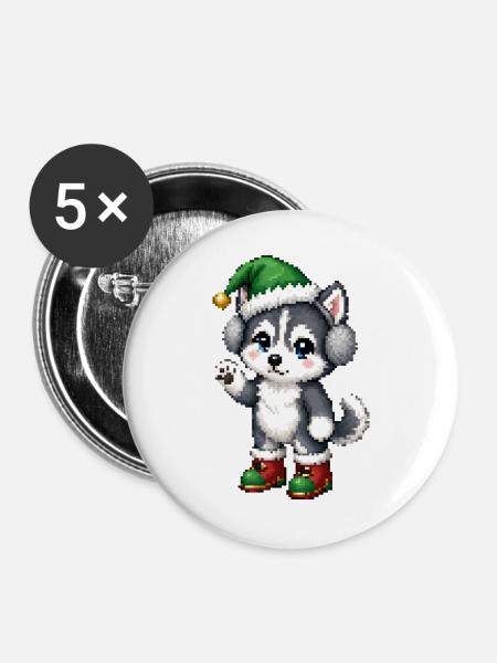 Husky-Welpen-Elfenhut-Weihnachten - Buttons groß 56 mm (5er Pack) - Weiß