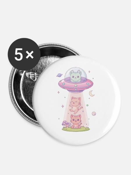 Kawaii Katze im UFO - Buttons groß 56 mm (5er Pack) - Weiß